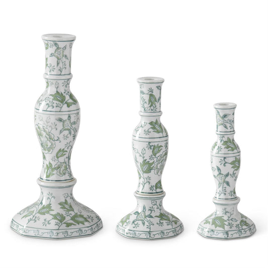 Candeleros ceramica floral verde y blanco set