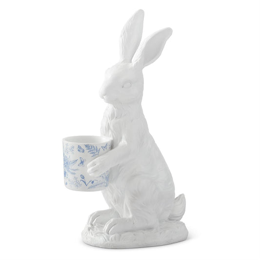 Conejo resina blanco con maceta azul y blanco 20.25 pulgadas