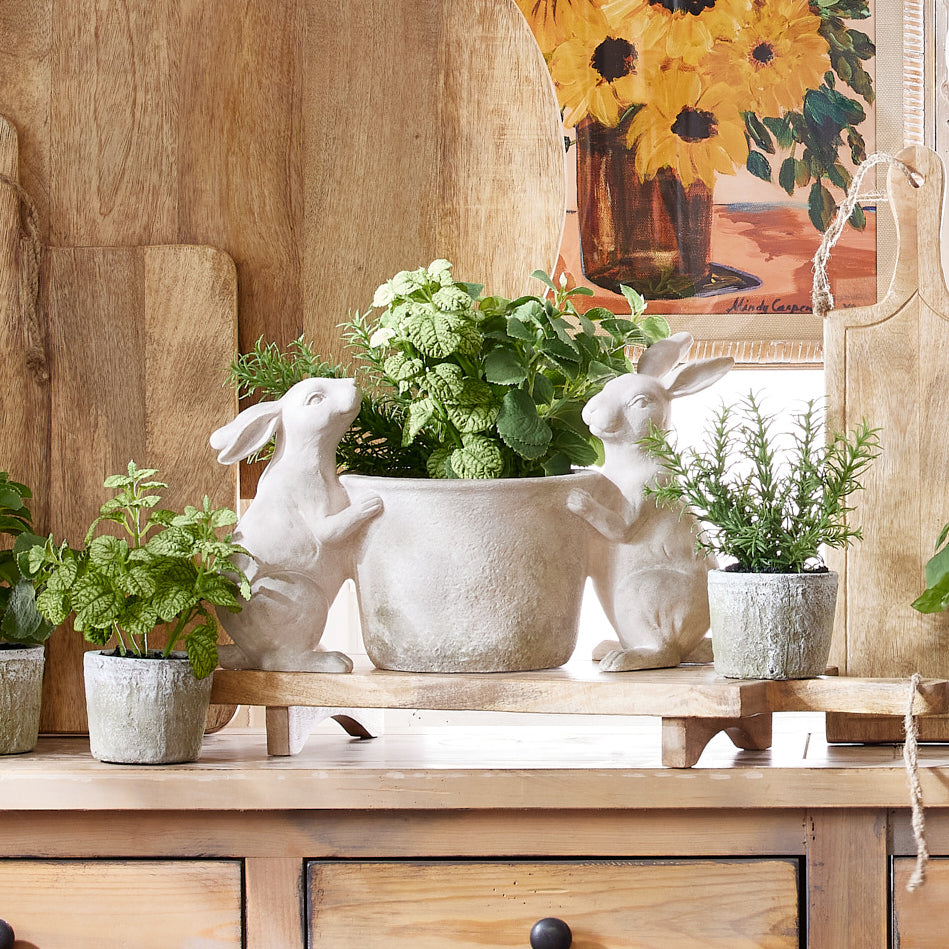 Maceta estilo piedra con 2 conejos (9.75 pulgadas)