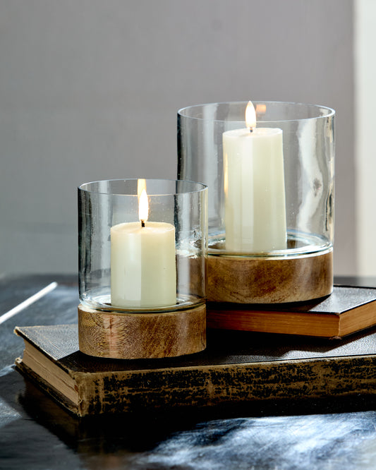 Set De Candeleros De Vidrio Base De Madera