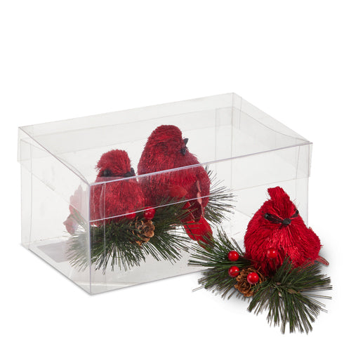 Caja Con Adornos De Cardenal En Ramas Verdes 5In