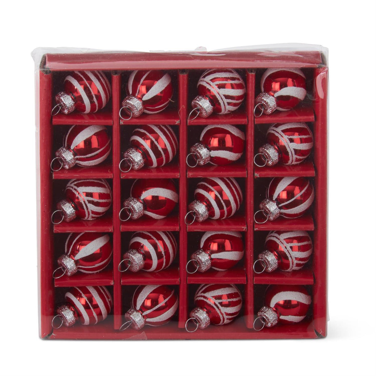 Caja con 20 mini esferas vidrio rayas rojo y blanco 1 in