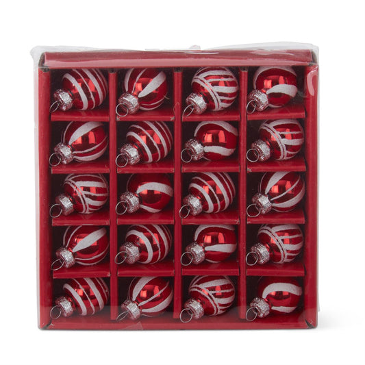 Caja con 20 mini esferas vidrio rayas rojo y blanco 1 in