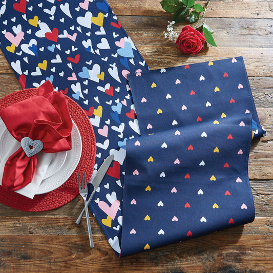 Camino de mesa de corazones azules Reversible