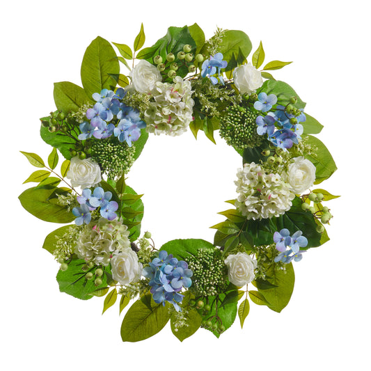Corona de hortensias celestes 24 pulgadas