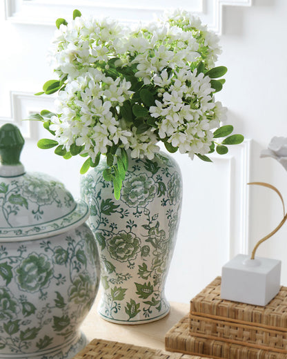 Florero ceramica floral verde y blanco 12.25 pulgadas