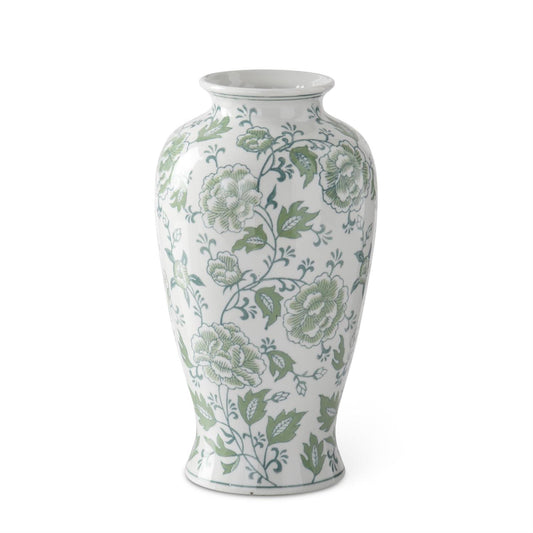 Florero ceramica floral verde y blanco 12.25 pulgadas