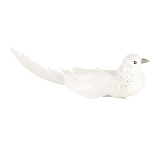 Adorno pajaro blanco con brillo y clip 7.5in