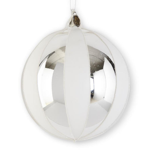 Esfera vidrio rayas blanco y plata 6 in