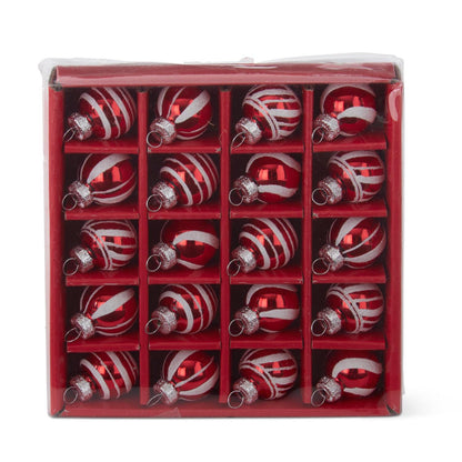Caja con 20 mini esferas vidrio rayas rojo y blanco 1 in