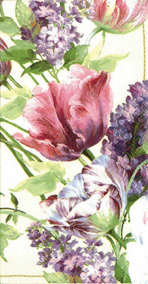 Servilletas de papel rectangulares con flores moradas y tulipanes rosados