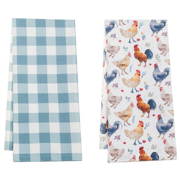 Toalla de cocina de gallinas y de cuadros celestes