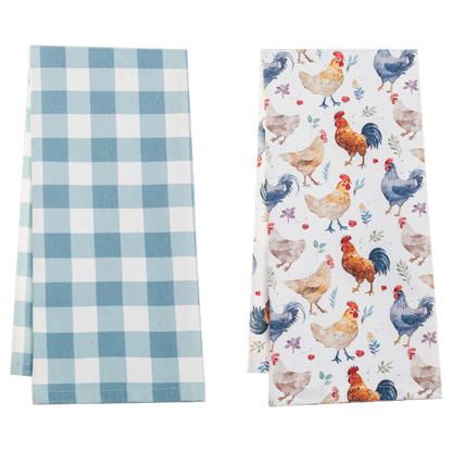 Toalla de cocina de gallinas y de cuadros celestes
