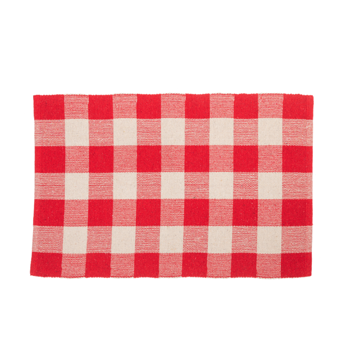 Alfombra de cuadros roja y blanca