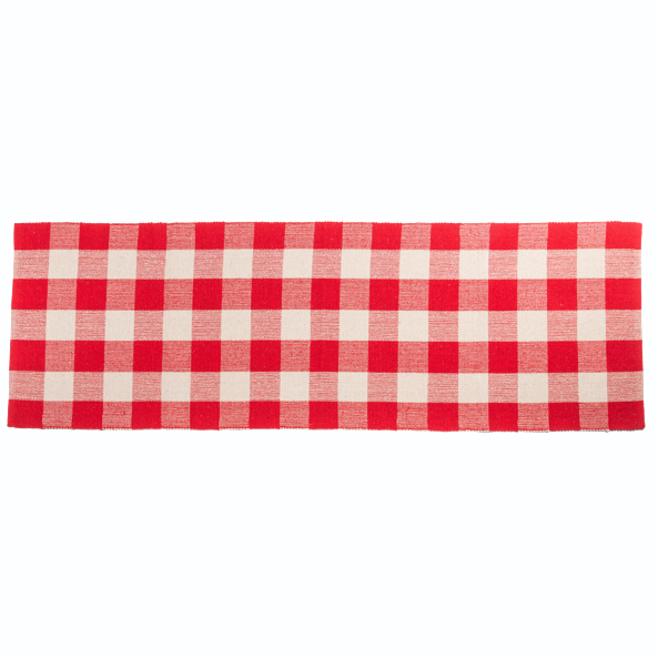 Alfombra larga de cuadros roja y blanca
