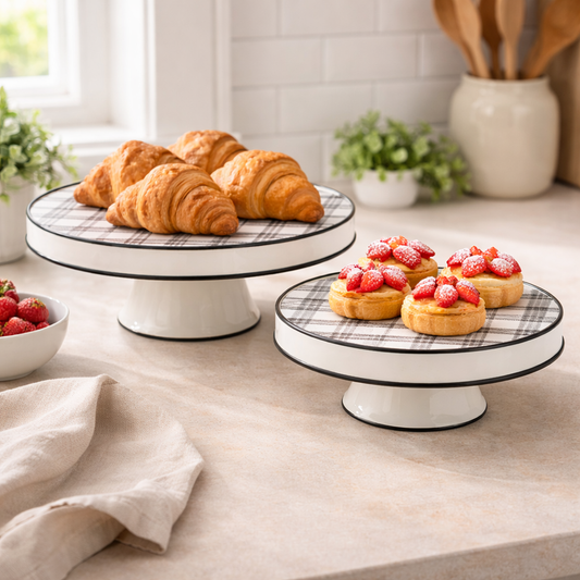 Pastelera de metal blanco con cuadros negros grd