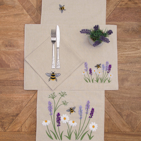 Camino de mesa lavanda y abejas