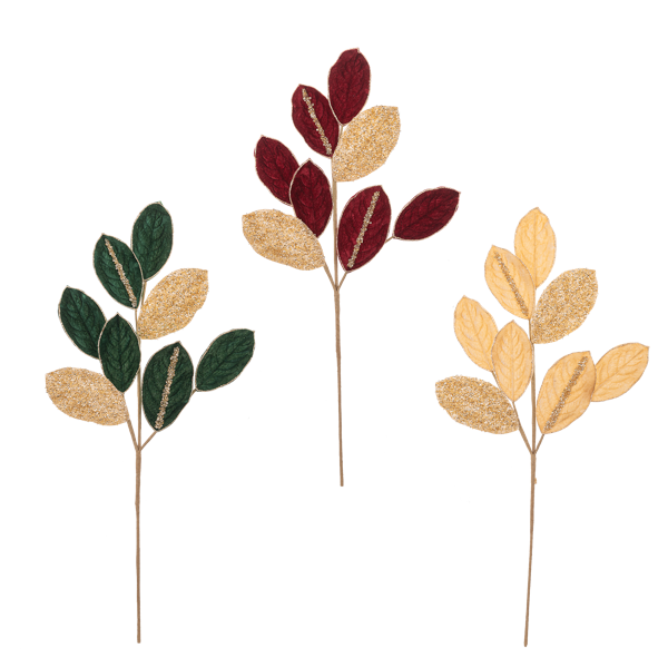Rama de hoja de magnolia roja, verde y dorada