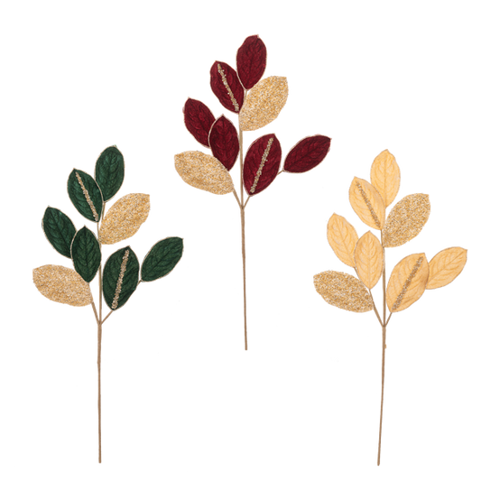 Rama de hoja de magnolia roja, verde y dorada