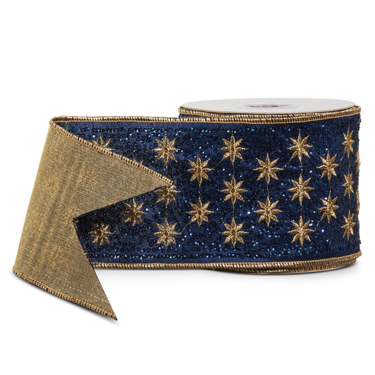 Liston con alambre de estrellas doradas con azul 4in x 10 yd