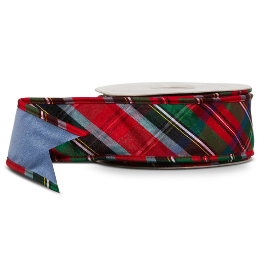 Liston con alambre de tartan celeste 2.5in x 10 yd