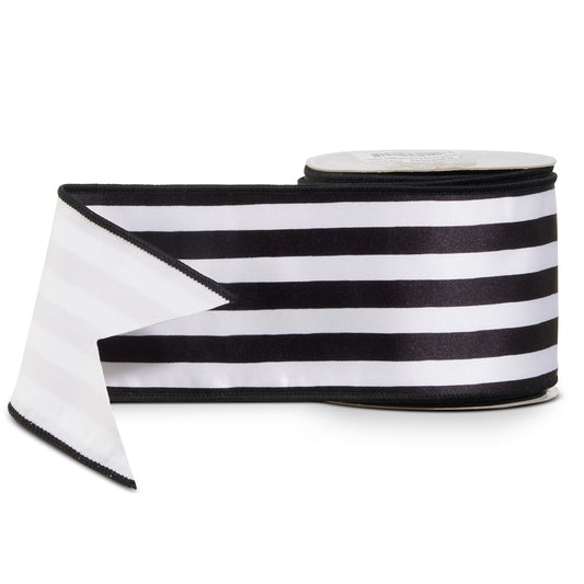 Liston con alambre de rayas negras y blancas 4in x 10 yd