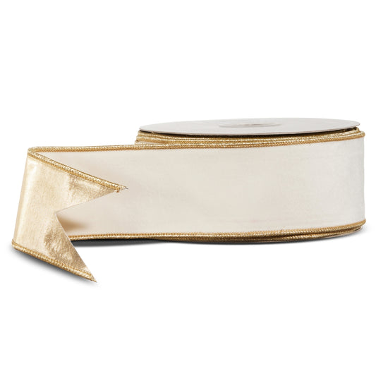 Liston con alambre terciopelo blanco y dorado 2.5in x 10 yd