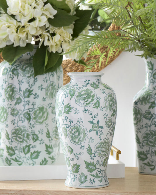 Florero ceramica floral verde y blanco 12.25 pulgadas