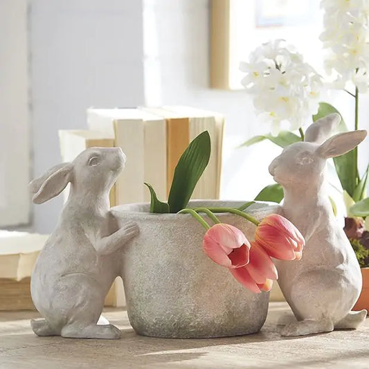 Maceta estilo piedra con 2 conejos (9.75 pulgadas)