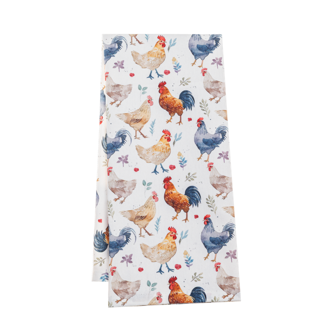 Toalla de cocina de gallinas y de cuadros celestes