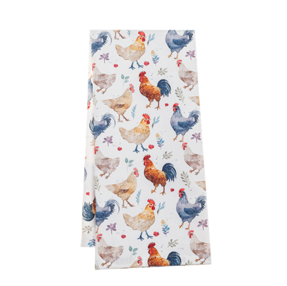 Toalla de cocina de gallinas y de cuadros celestes